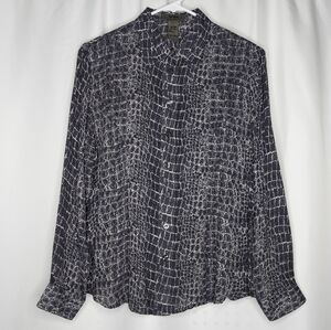 Votre Nom Silk Button Shirt Gray Print Reptile Animal Long Sleeve Blouse MP